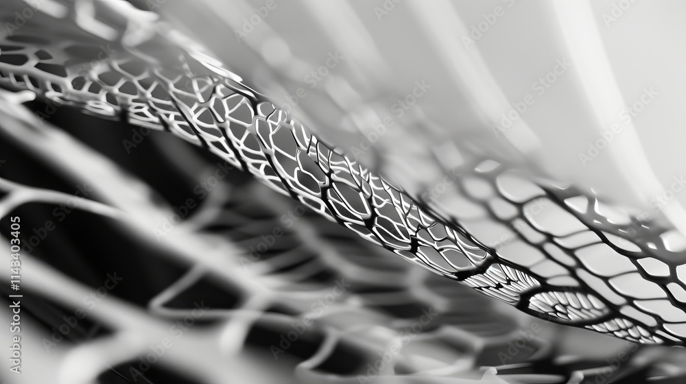 Poster dynamic abstract close-up of black and white mesh-like structures creating intricate patterns and te