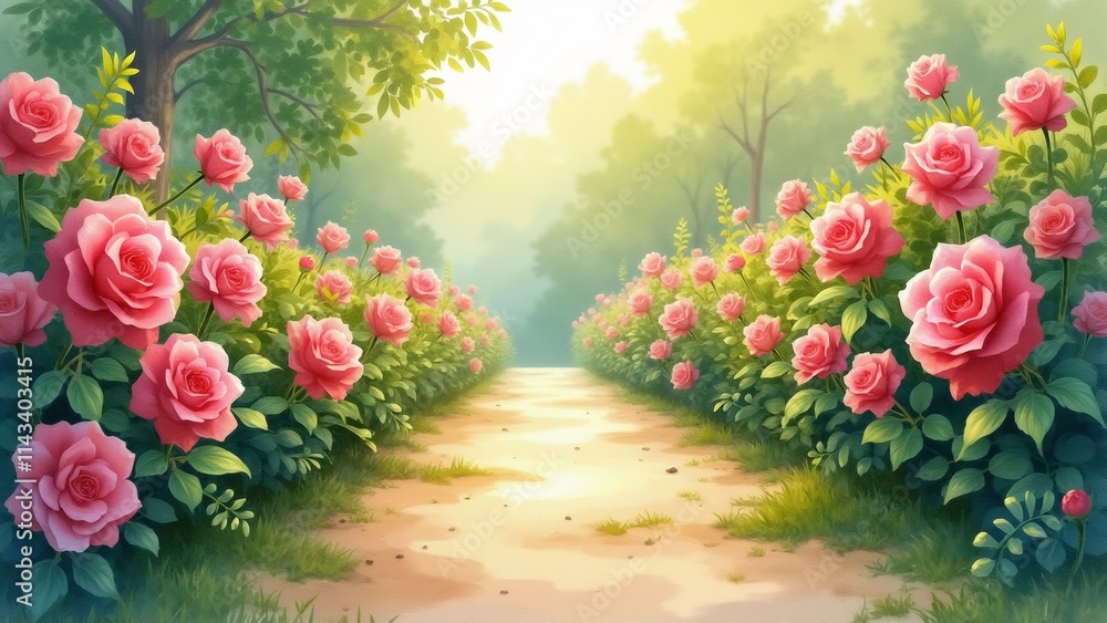 Poster the image is a digital illustration of a pathway in a garden. the pathway is surrounded by lush gree