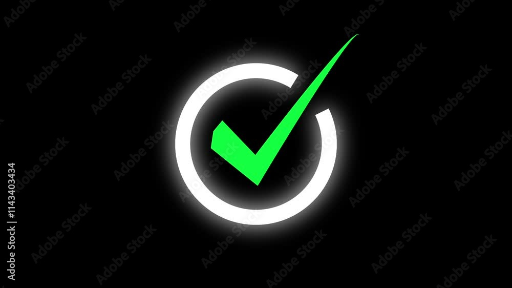 Poster glowing neon tick mark in circle on black background. check mark animation, right tick mark symbol a
