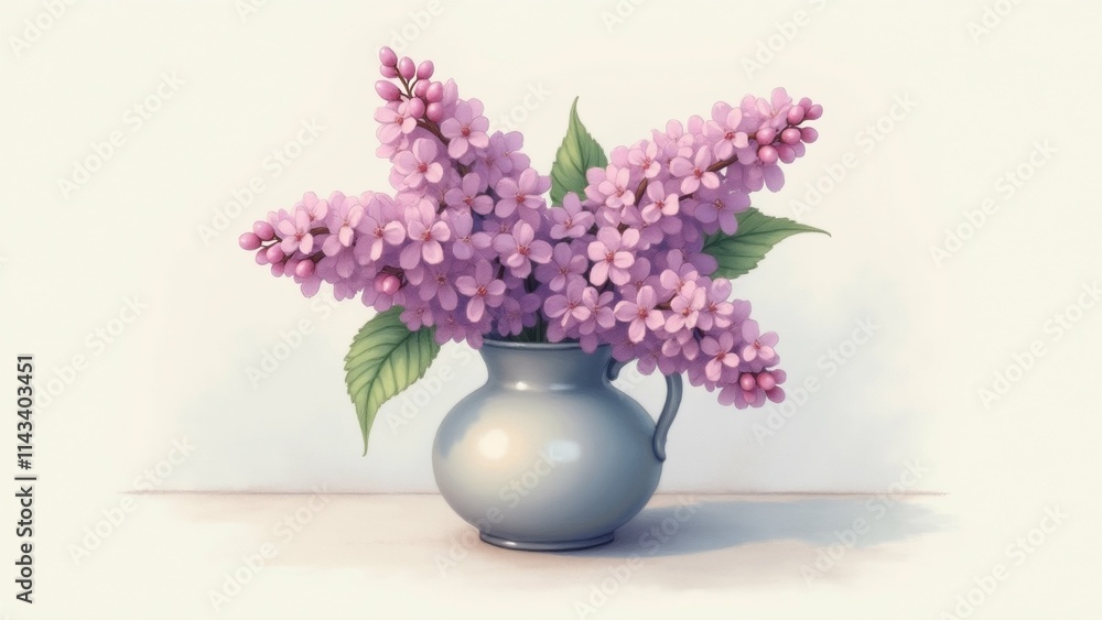Poster the image is a digital illustration of a vase with a bunch of pink lilac flowers in it. the vase is 