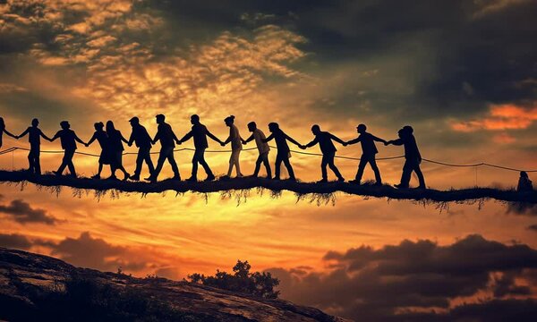 Silhouetted people holding hands, walking on a narrow path across a chasm at sunset.