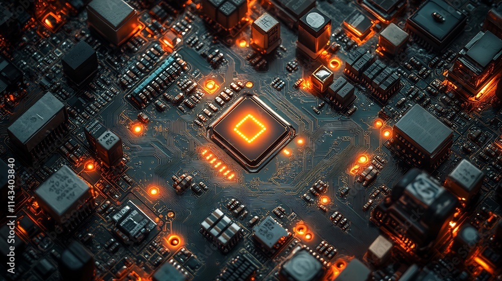 Poster glowing cpu on a circuit board.