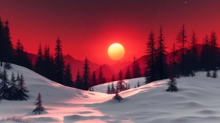 Winter Sunrise landscape background, snowy forest in mountains, in a serene and peaceful atmosphere, for New Year background