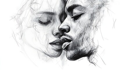 Fototapeta premium Close-up sketch of a romantic couple's faces almost touching.