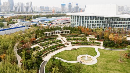 Explore the beauty of Shanghai World Flower Garden terrace garden fountain from above during autumn