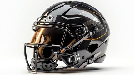 Fototapeta premium A detailed football helmet on a pure white background, showcasing its sleek design, faceguard, and intricate padding, capturing the essence of professional sports equipment.