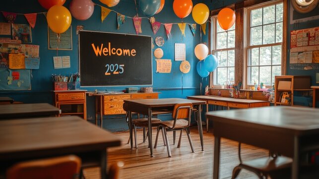 Empty classroom decorated for 2025 school year.