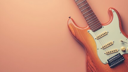 A detailed image of a professional guitar with stunning 3D wooden effects, fully visible against a gentle pastel gradient background, featuring a calm blend of light coral and beige.