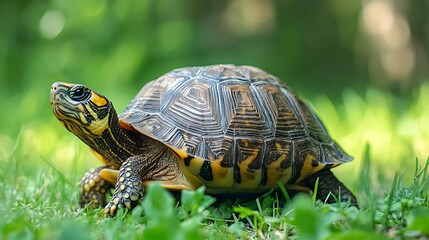 Fototapeta premium Turtle in Grass. Wildlife, Reptile, Nature, Outdoors