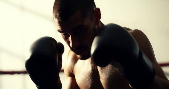 A gentle, softly lit image of a male boxer training, distinctly split into sections with diffused shadows and subtle illumination, featuring bold areas.