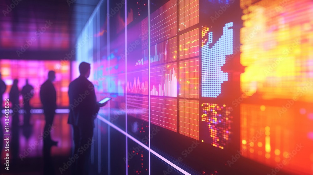 Poster a professional team of diverse individuals analyzes risk metrics on a digital screen in a modern off