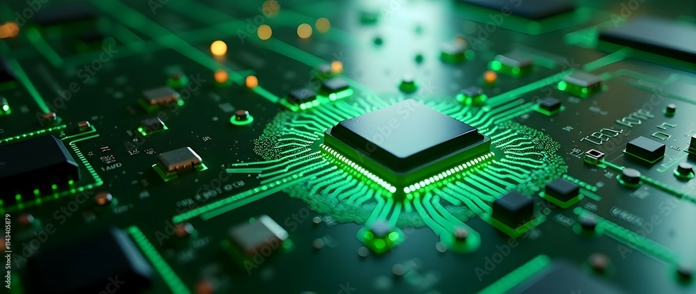 Poster glowing green circuit board with a central processor, showcasing intricate technological details. a 