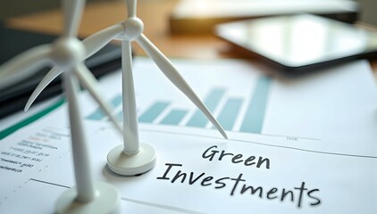 Green Investments: Sustainable growth visualized through wind turbines and financial charts.  A vision for a cleaner future.