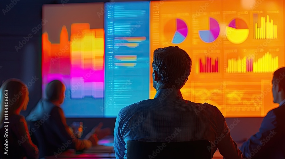 Poster A consultant presents a colorful risk matrix during a meeting, with charts and graphs displayed, creating a collaborative atmosphere focused on managing risks effectively
