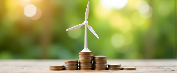 Green energy investment: A windmill model atop stacks of coins symbolizes sustainable financial growth and eco-conscious prosperity.