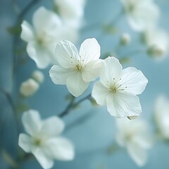 Fototapeta premium Close-up of Delicate White Blossoms on a Soft Blue Background.