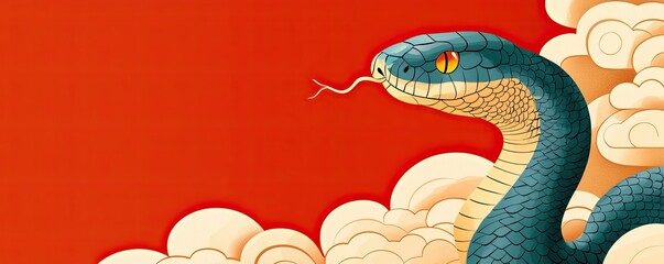A vividly illustrated snake with piercing eyes emerges from stylized clouds against a striking red background.
