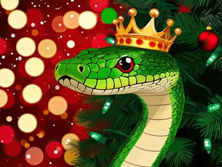Fototapeta premium A whimsical green snake wearing a golden crown, adorned with festive decorations, set against a vibrant holiday background filled with colorful lights.