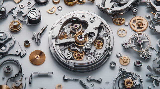 Exploded view of mechanical watch parts a detailed examination of precision timekeeping mechanisms and components. Chronos. Illustration