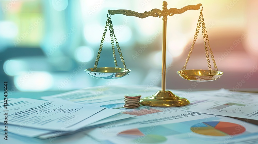 Poster an illustration showing a balanced scale with financial documents on one side and risk evaluation to