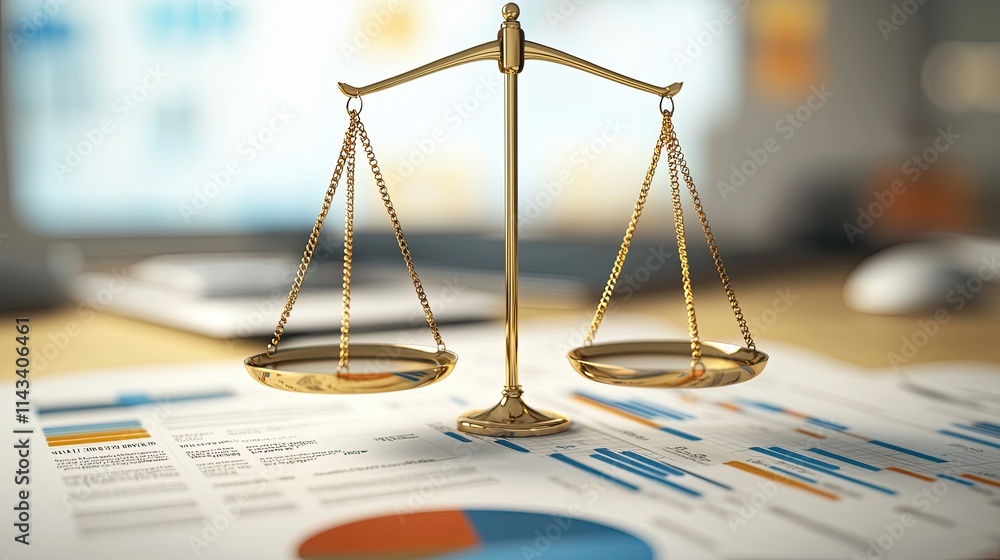Poster an illustration showing a balanced scale with financial documents on one side and risk evaluation to