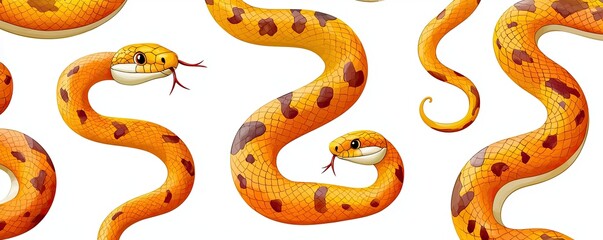 Obraz premium Colorful, cartoonish orange snakes with spots, slithering playfully across a white background.