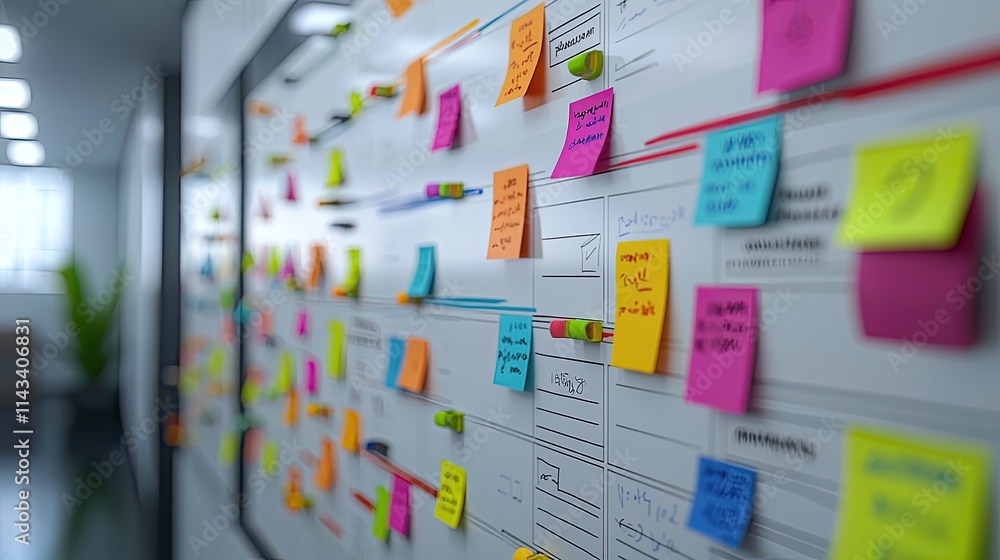 Poster A team reviewing a content calendar on a whiteboard, filled with colorful markers and notes, in a relaxed yet focused atmosphere.