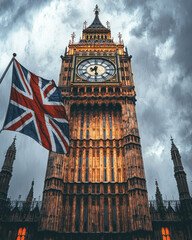 Big Ben clock tower with British flag under dramatic cloudy sky