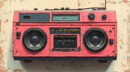 Fototapeta premium Vintage pink boombox, weathered, retro.