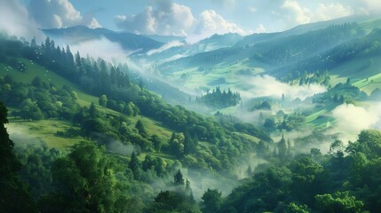 Fototapeta premium Misty Mountain Valley Sunrise: A breathtaking vista of rolling green hills, shrouded in ethereal morning mist, as the sun paints the sky with golden hues.