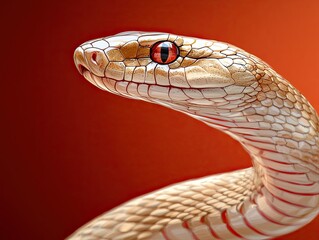 Fototapeta premium A striking close-up of a snake's head with distinct scales and vivid red eyes set against a warm orange background.