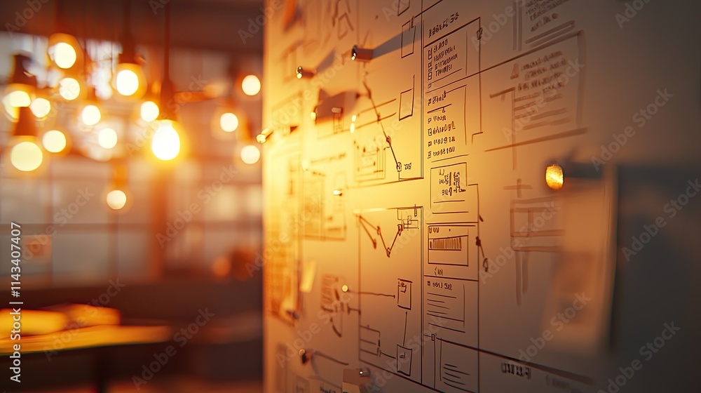 Poster A visual representation of flowcharts and notes on a wall, indicating various planning steps, with warm lighting emphasizing a focused and proactive mindset.