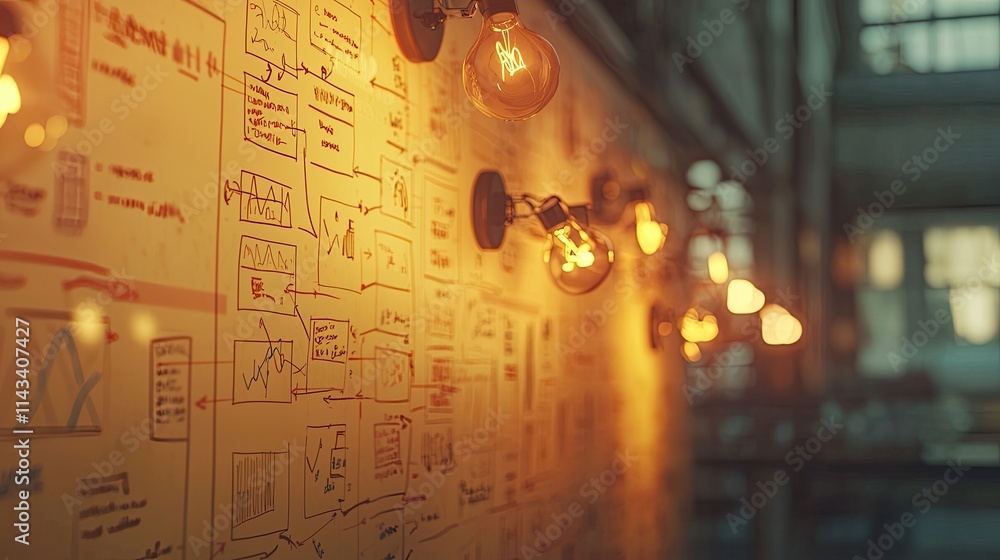 Poster A visual representation of flowcharts and notes on a wall, indicating various planning steps, with warm lighting emphasizing a focused and proactive mindset.