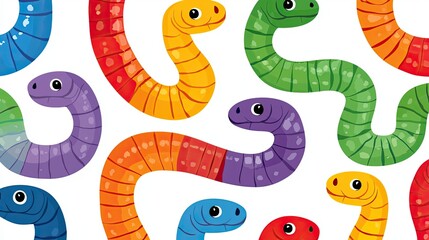 Fototapeta premium Colorful cartoon worms in various shades twist and turn against a white background, creating a playful and vibrant pattern.