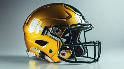 Fototapeta premium A football helmet on a white background, with a sharp focus on its robust faceguard, glossy finish, and sleek structure, designed for the ultimate protection in the game.
