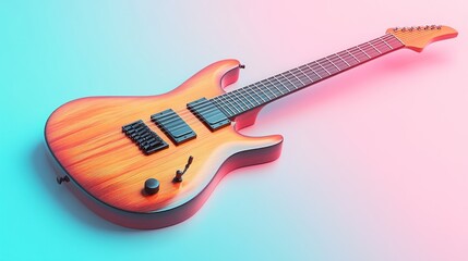Obraz premium A full image of a professional-sized guitar, showcasing modern 3D wooden effects, with smooth, polished details, set against a soft pastel background in light blue and pink hues.
