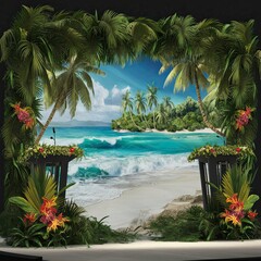 Island getaway podium backdrop with lush greenery, beach waves, and tropical flowers