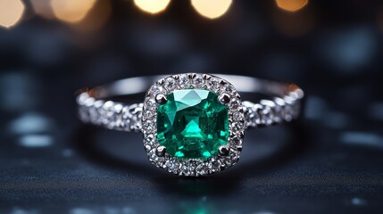 A stunning emerald ring surrounded by sparkling diamonds, showcasing elegance and luxury against a soft blurred background.