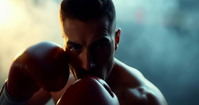 A high angle perspective shows a male boxer training, shrouded in a soft cinematic haze. The soft focus and elevated viewpoint create a dreamy atmosphere. Hazy background elements add depth.