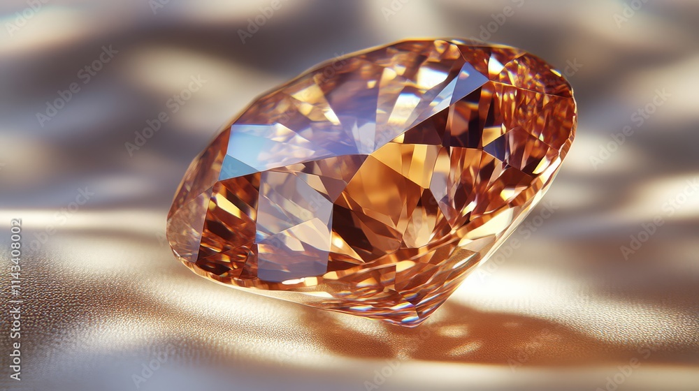 Poster a sparkling orange gemstone reflecting light on a soft surface, showcasing its intricate facets and 