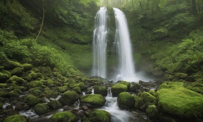 Fototapeta premium Serene Waterfall in Lush Forest: A breathtaking cascade plunges through a verdant forest, its misty spray creating an ethereal ambiance.