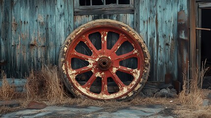 Obraz premium Rustic Red Wheel Against Weathered Wooden Wall