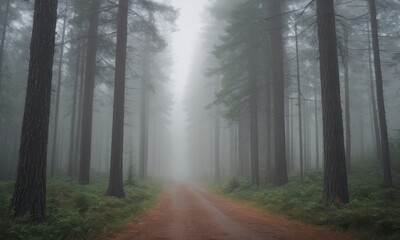 Obraz premium Enigmatic Forest Path: A winding path through a mystical forest, shrouded in a thick, ethereal fog, invites exploration and wonder. 