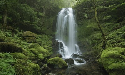 Fototapeta premium Emerald Cascade: Tranquil beauty of a cascading waterfall nestled in a lush, mossy forest. A serene scene of nature's tranquility. 