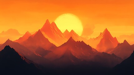 A tranquil mountain scene with the sun setting behind the peaks, creating a golden hour effect that gently bathes the landscape in a warm, amber light 