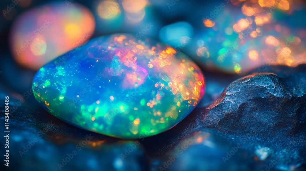 Poster a close-up of vibrant, iridescent stones displaying a mix of colors, shimmering under soft light, cr