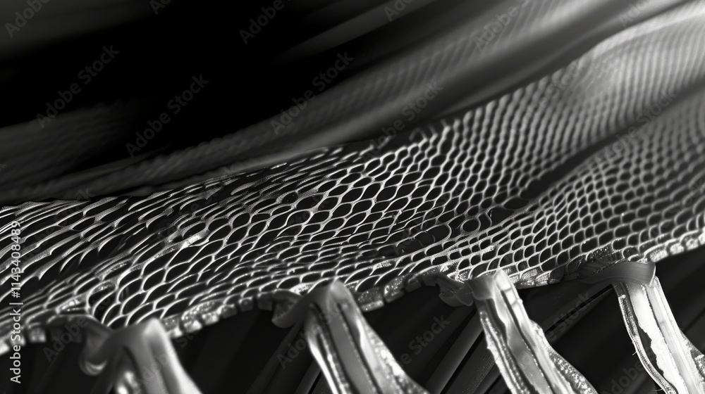 Poster layered black and white mesh design with a unique interplay of light and shadows, offering a sense o