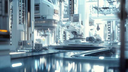 A futuristic manufacturing operation in an Industry 4.0 smart factory with AI integration, big data analytics, and digital systems driving high productivity and technological innovation.