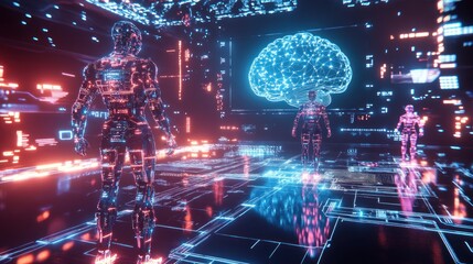 A futuristic presentation showcasing glowing humanoid robots with intricate digital circuits, surrounded by a neural network of interconnected nodes and a holographic brain