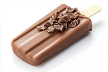 Selective focus intense chocolate popsicle isolated on white background, Close up shot chocolate popsicle with chocolate chips on white.